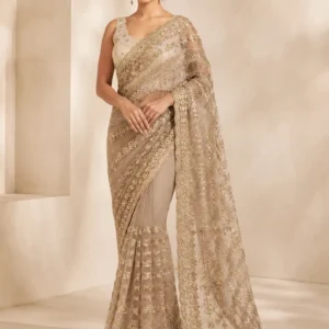 Celeste Champagne Embroidered Designer Saree