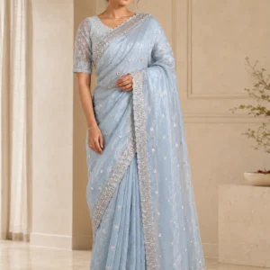 Celeste Blue Hand-Embroidered Designer Saree