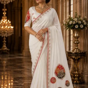 Royal Ivory Heritage Designer Saree with Stitched Blouse