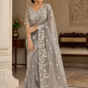 Silver Meher Ivory Embroidered Designer Saree